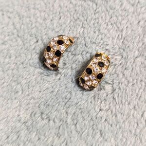 Vintage Small Half Hoop Black Enamel and Clear Rhinestone Pierced Earrings